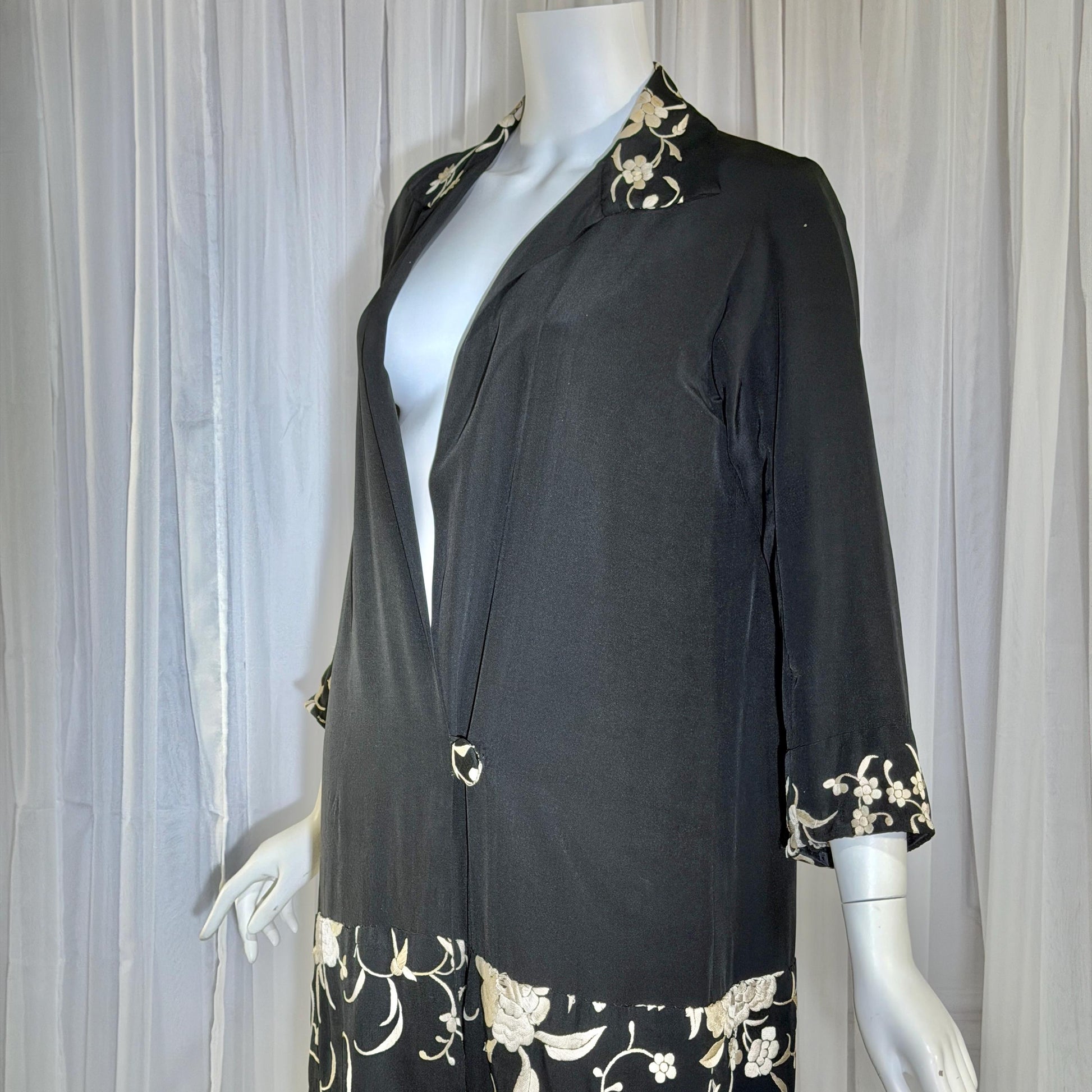 vintage 1920s evening coat, Inky black embroidered Antique Flapper duster