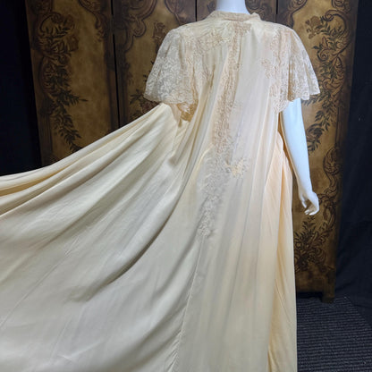 vintage 1940s nightgown robe set, HATEM EXCLUSIVE Buttery Peach silky nylon bridal peignoir lingerie slip dress and robe
