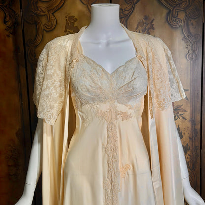 vintage 1940s nightgown robe set, HATEM EXCLUSIVE Buttery Peach silky nylon bridal peignoir lingerie slip dress and robe