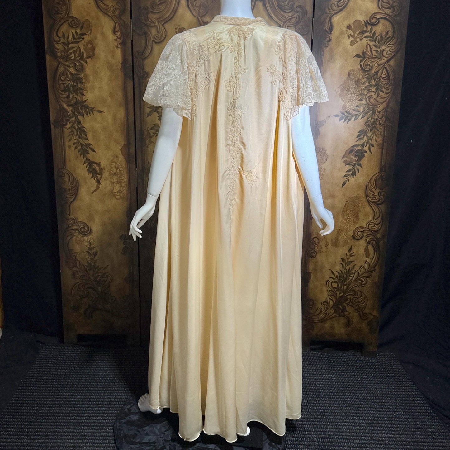 vintage 1940s nightgown robe set, HATEM EXCLUSIVE Buttery Peach silky nylon bridal peignoir lingerie slip dress and robe