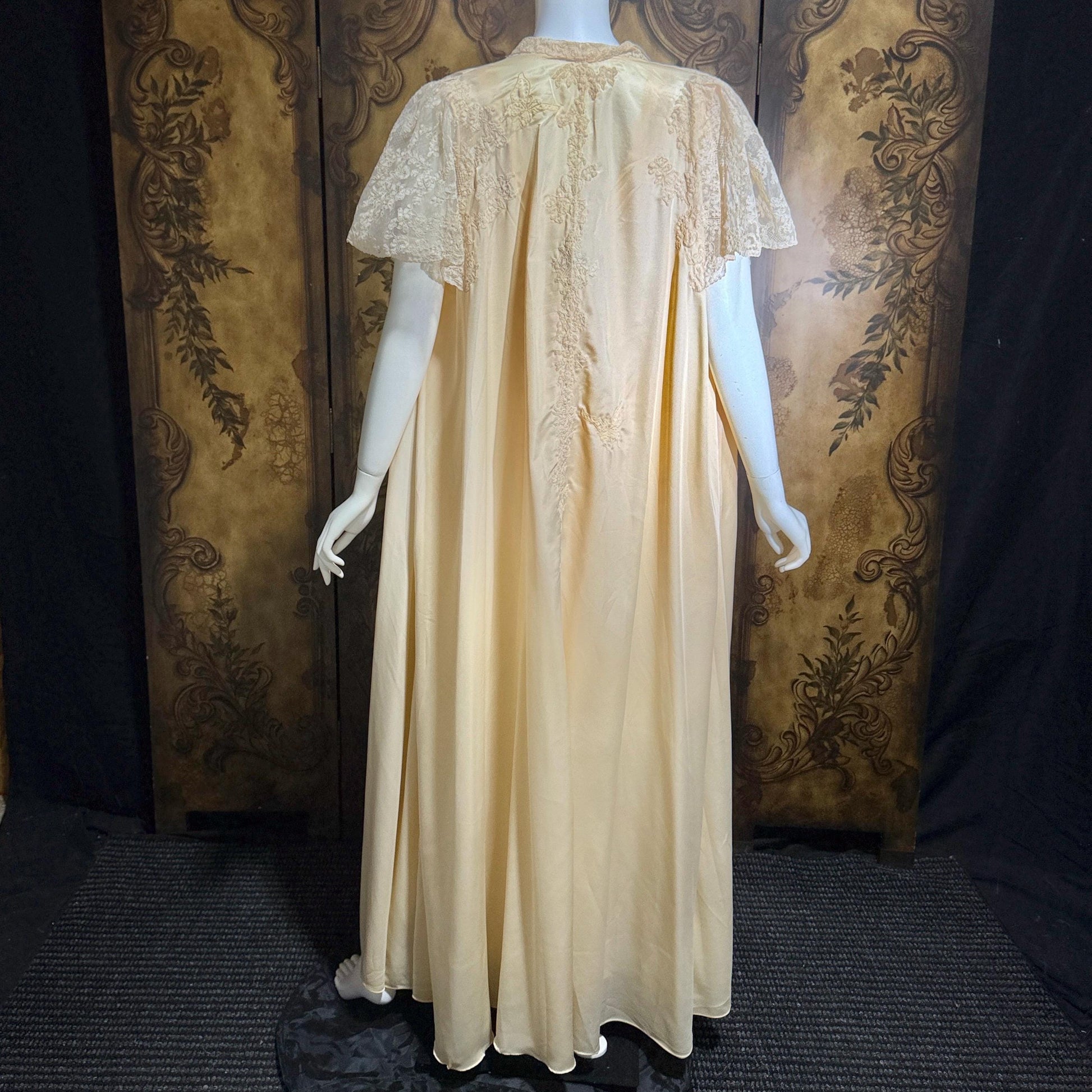 vintage 1940s nightgown robe set, HATEM EXCLUSIVE Buttery Peach silky nylon bridal peignoir lingerie slip dress and robe