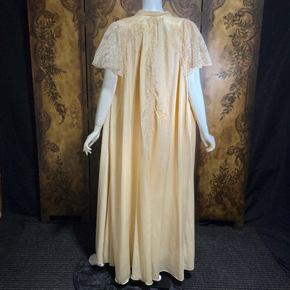 vintage 1940s nightgown robe set, HATEM EXCLUSIVE Buttery Peach silky nylon bridal peignoir lingerie slip dress and robe
