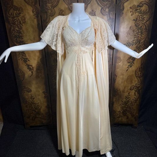vintage 1940s nightgown robe set, HATEM EXCLUSIVE Buttery Peach silky nylon bridal peignoir lingerie slip dress and robe