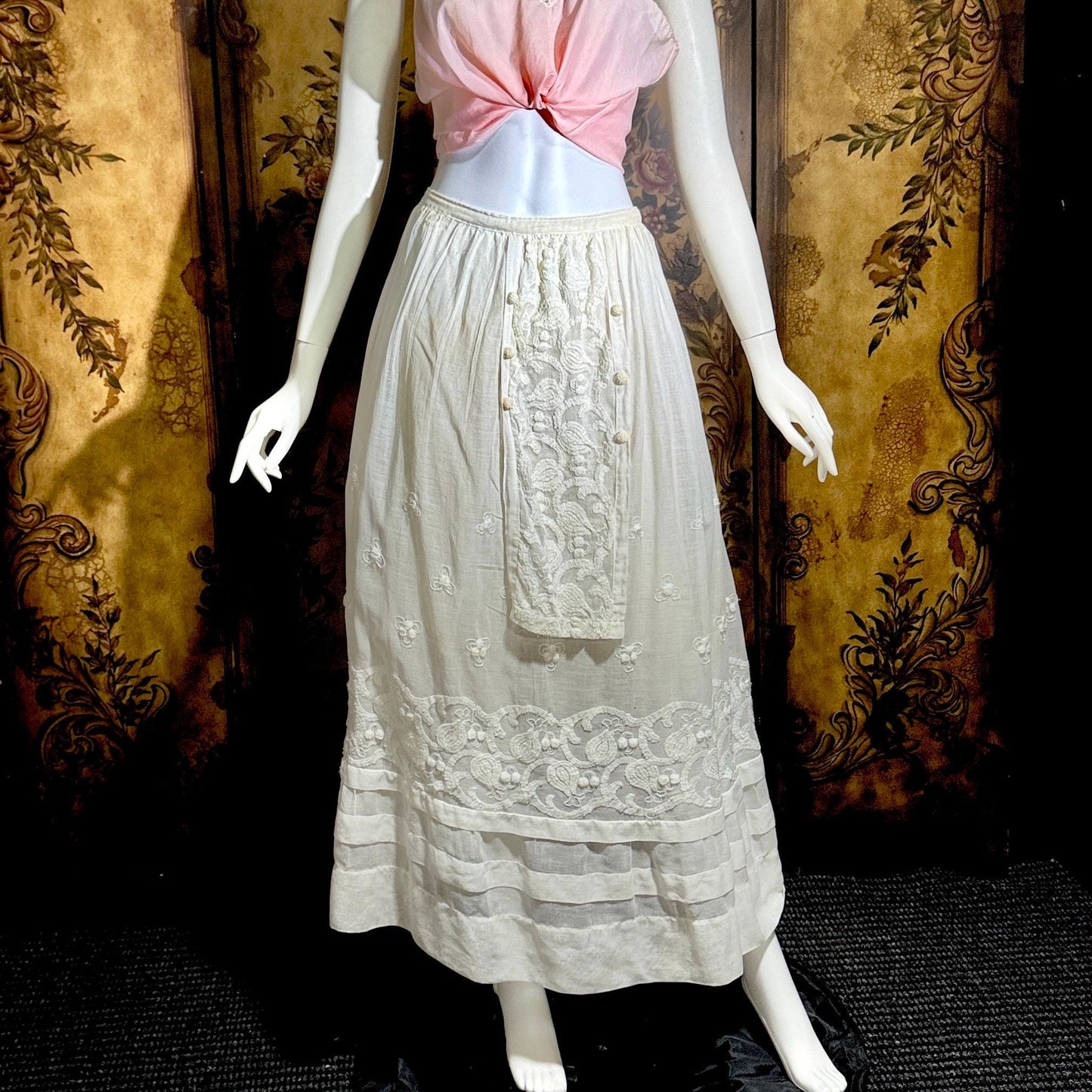 Vintage Edwardian cotton skirt, Antique 1900s heavily embroidered white maxi skirt, hippie boho skirt