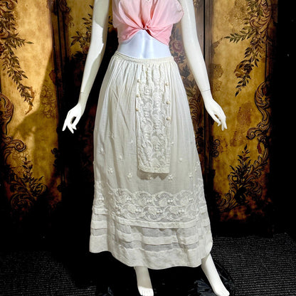 Vintage Edwardian cotton skirt, Antique 1900s heavily embroidered white maxi skirt, hippie boho skirt
