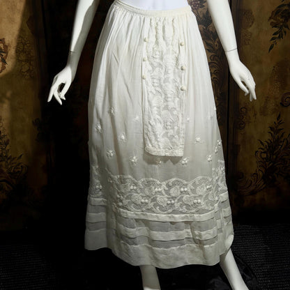 Vintage Edwardian cotton skirt, Antique 1900s heavily embroidered white maxi skirt, hippie boho skirt