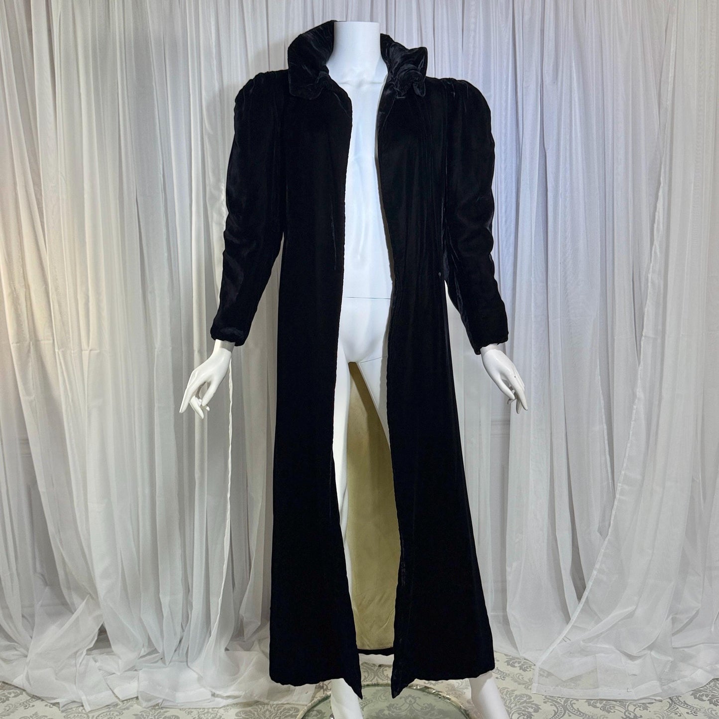 vintage 1920s opera coat, Black Silk Velvet flapper evening coat duster ruffle neck