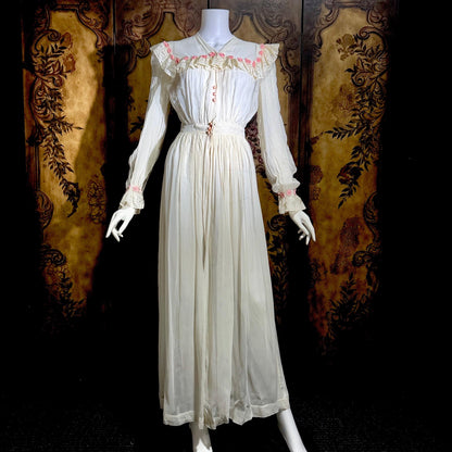 vintage 1930s dressing gown robe, sheer white rayon pink flowers bridal peignoir housecoat
