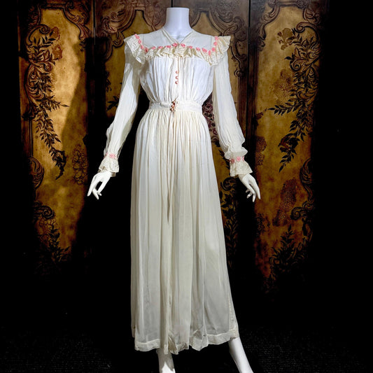 vintage 1930s dressing gown robe, sheer white rayon pink flowers bridal peignoir housecoat