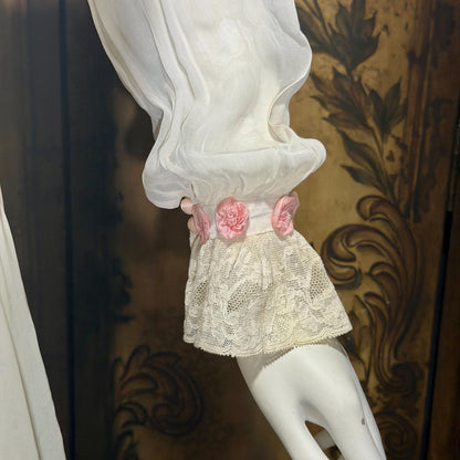 vintage 1930s dressing gown robe, sheer white rayon pink flowers bridal peignoir housecoat