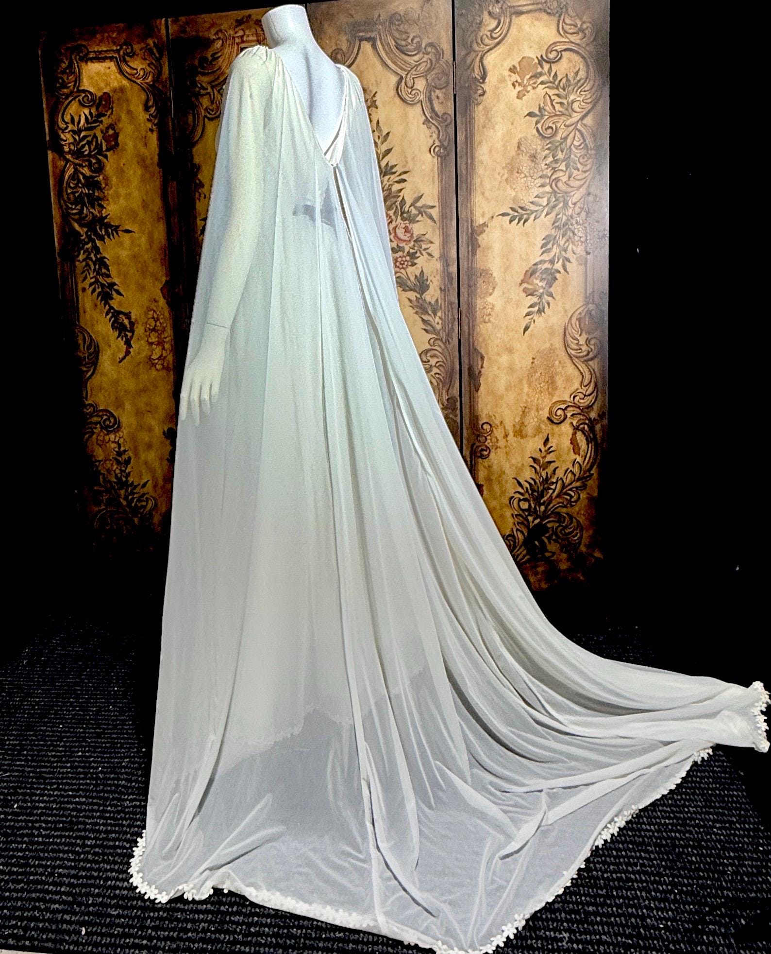 vintage Goddess Chiffon wedding gown with cape, Athena 1970s white empire waist bridal gown