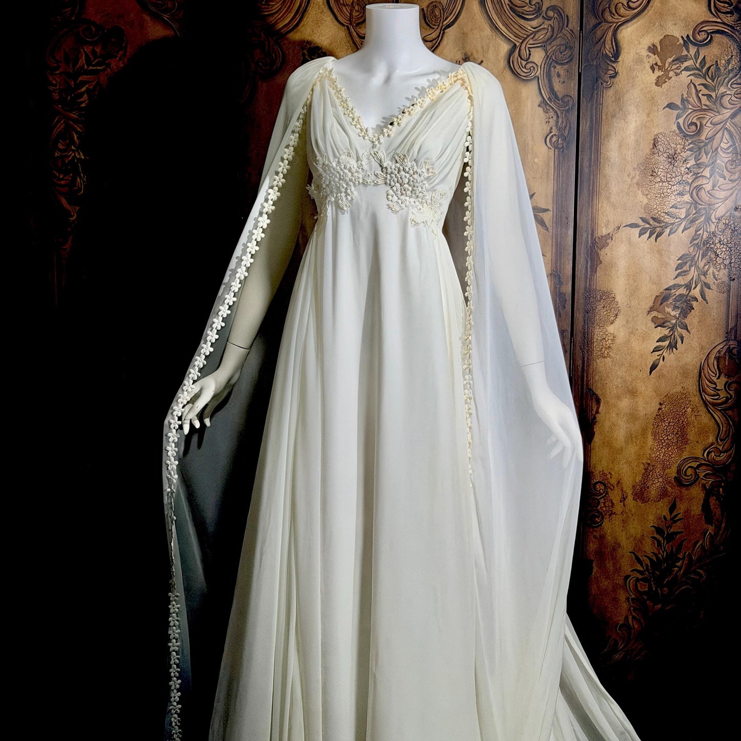 vintage Goddess Chiffon wedding gown with cape, Athena 1970s white empire waist bridal gown