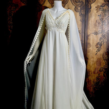 vintage Goddess Chiffon wedding gown with cape, Athena 1970s white empire waist bridal gown