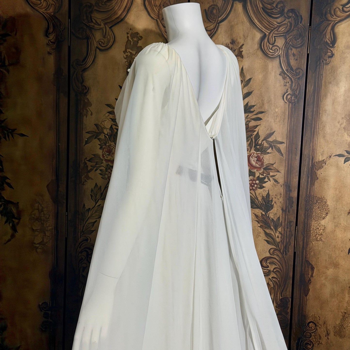 vintage Goddess Chiffon wedding gown with cape, Athena 1970s white empire waist bridal gown