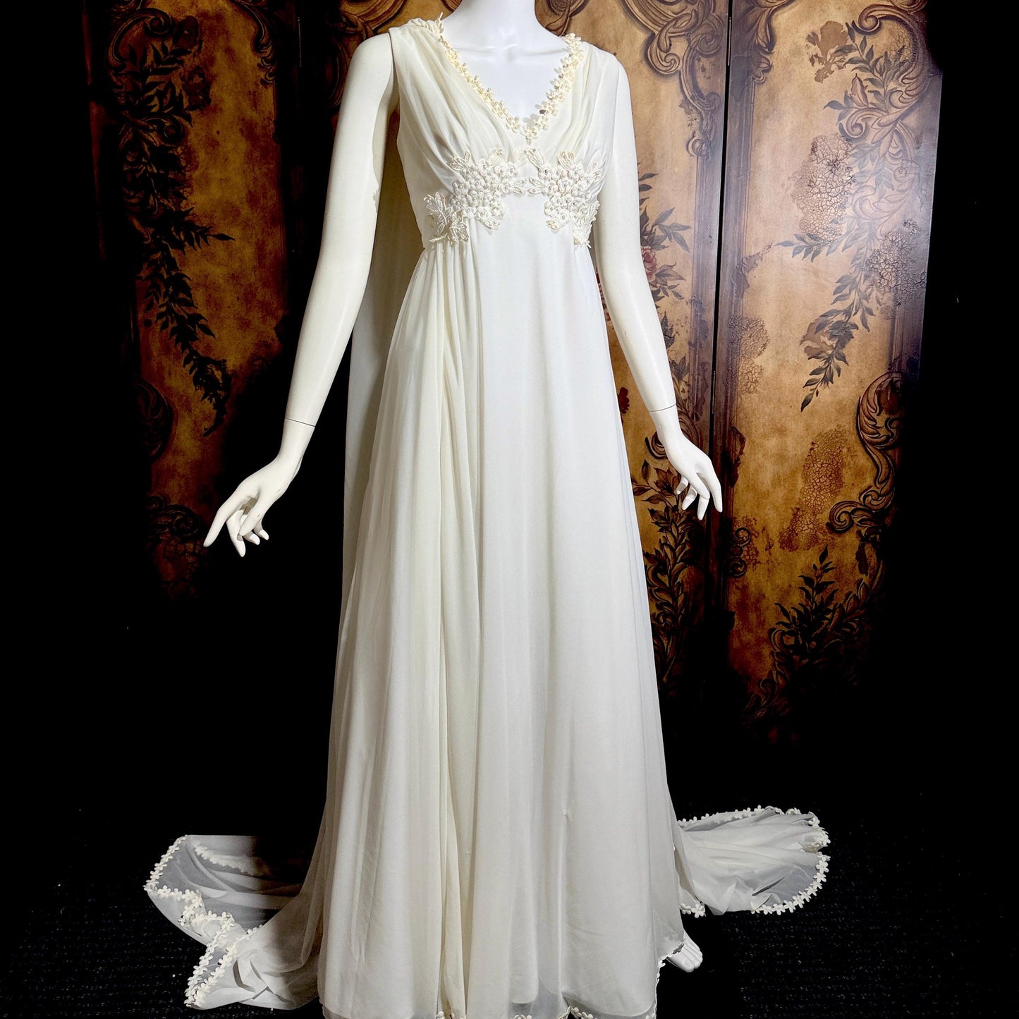 vintage Goddess Chiffon wedding gown with cape, Athena 1970s white empire waist bridal gown
