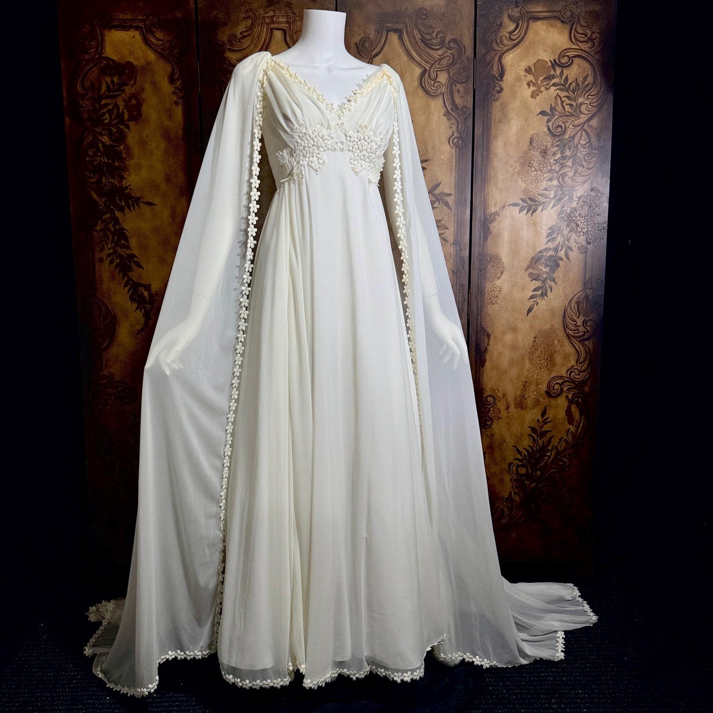 vintage Goddess Chiffon wedding gown with cape, Athena 1970s white empire waist bridal gown