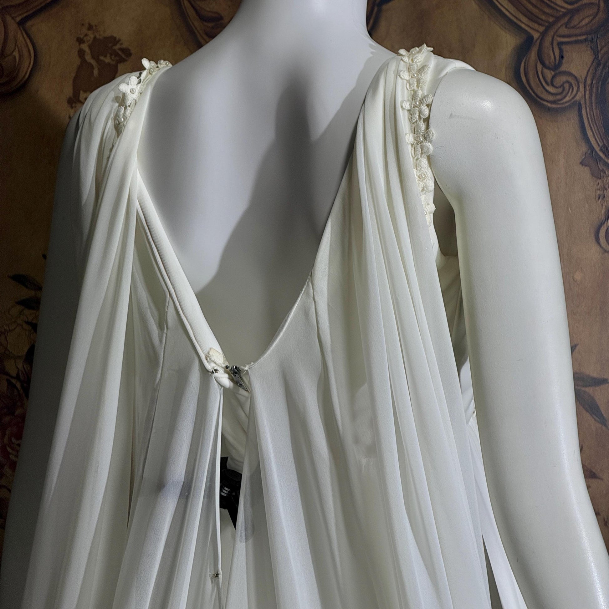 vintage Goddess Chiffon wedding gown with cape, Athena 1970s white empire waist bridal gown