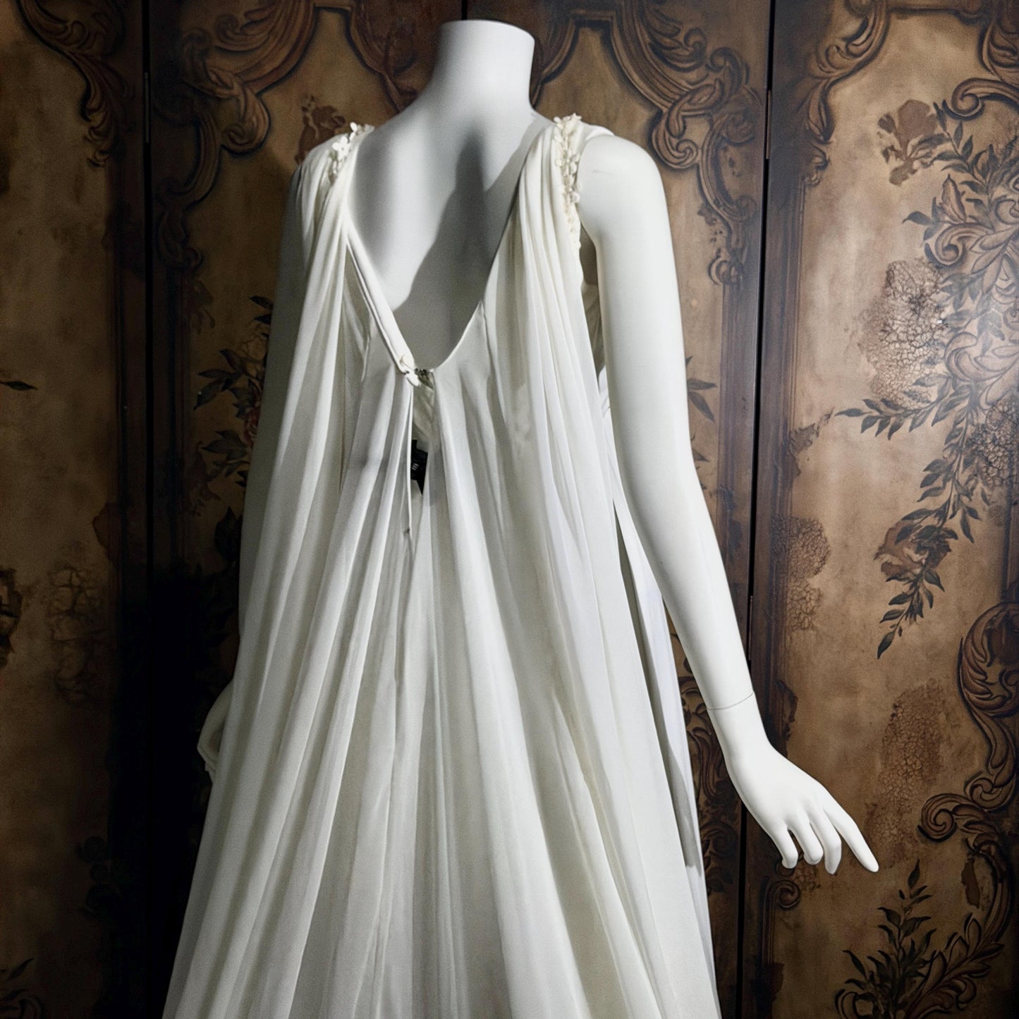 vintage Goddess Chiffon wedding gown with cape, Athena 1970s white empire waist bridal gown