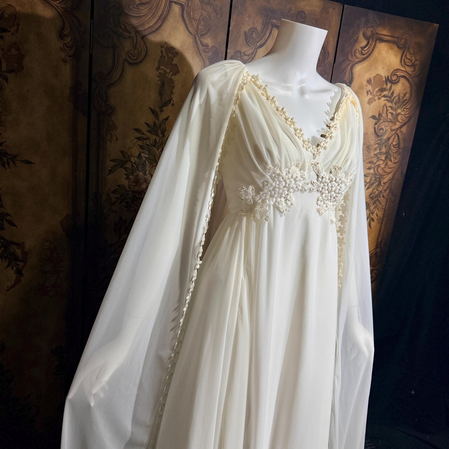 vintage Goddess Chiffon wedding gown with cape, Athena 1970s white empire waist bridal gown