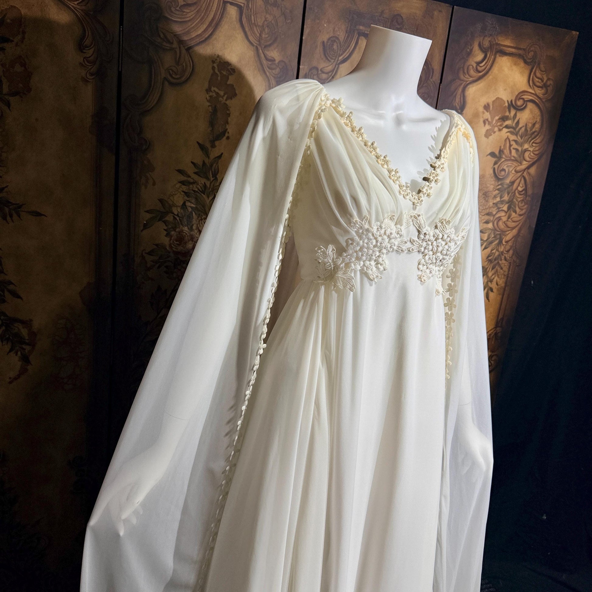 vintage Goddess Chiffon wedding gown with cape, Athena 1970s white empire waist bridal gown