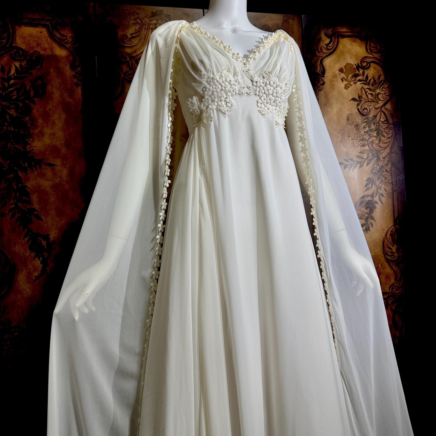 vintage Goddess Chiffon wedding gown with cape, Athena 1970s white empire waist bridal gown