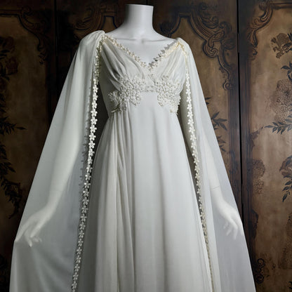 vintage Goddess Chiffon wedding gown with cape, Athena 1970s white empire waist bridal gown