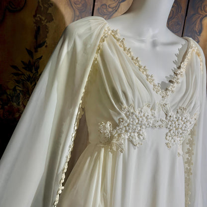 vintage Goddess Chiffon wedding gown with cape, Athena 1970s white empire waist bridal gown