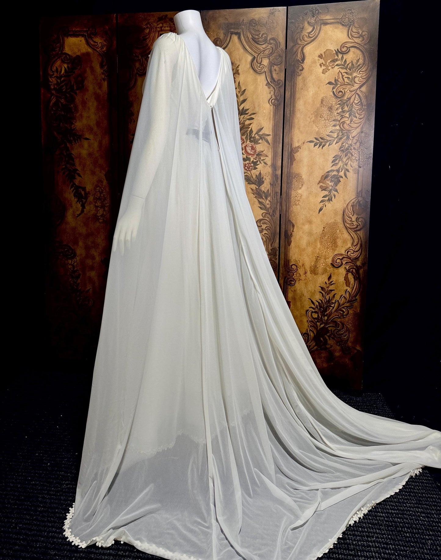 vintage Goddess Chiffon wedding gown with cape, Athena 1970s white empire waist bridal gown