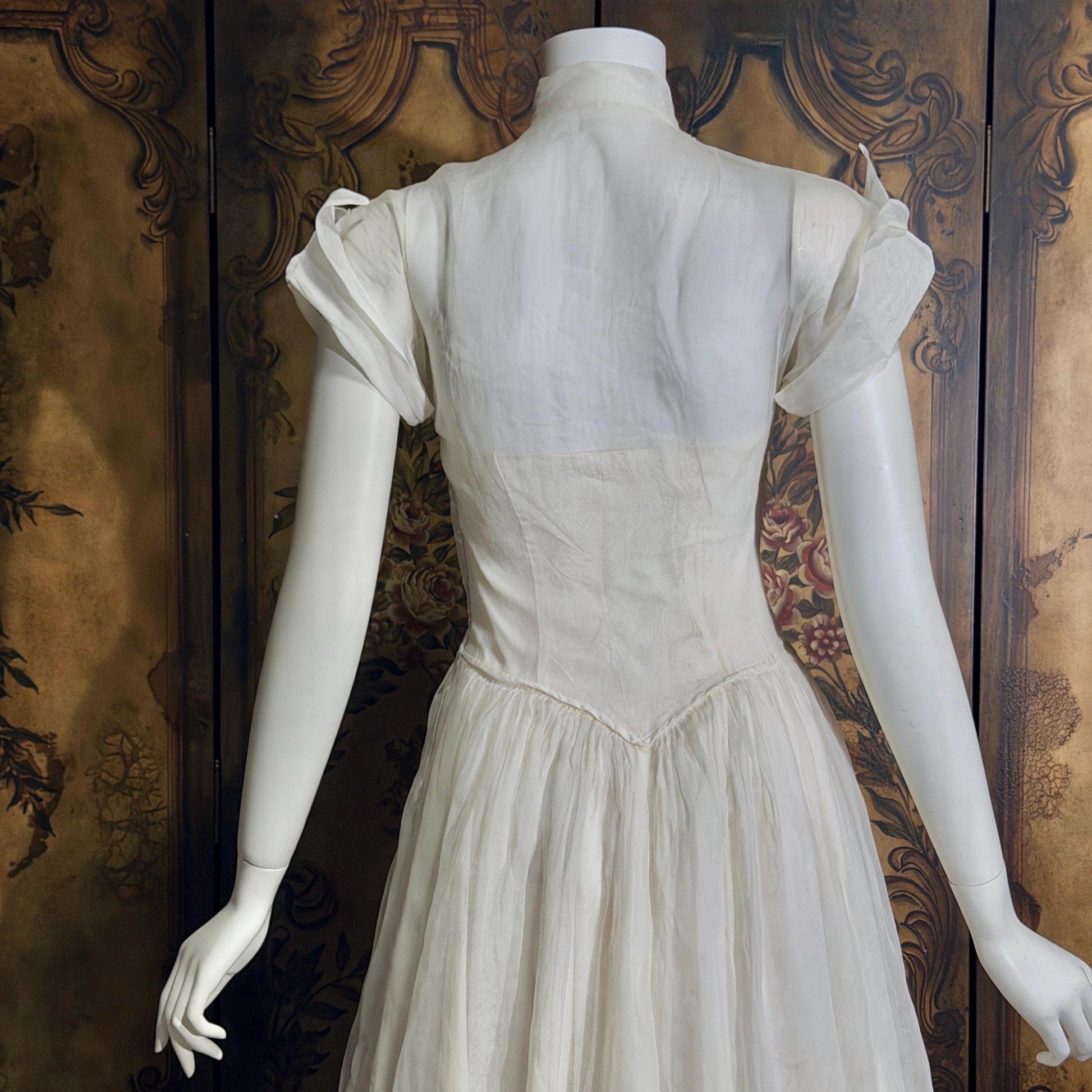 vintage 1940s wedding dress gown, Sheer White Organza with High Neck Full Skirt