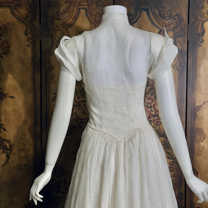 vintage 1940s wedding dress gown, Sheer White Organza with High Neck Full Skirt