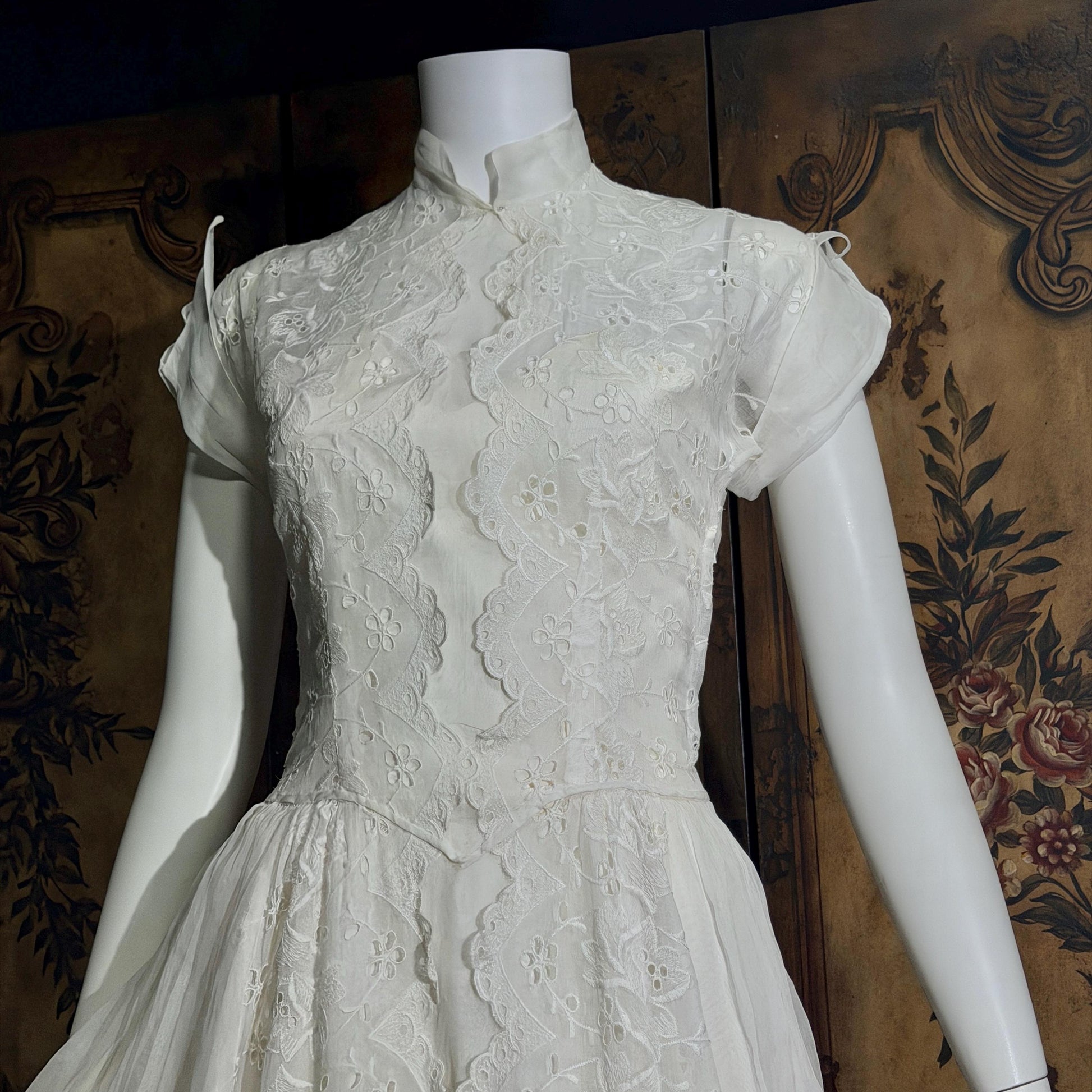 vintage 1940s wedding dress gown, Sheer White Organza with High Neck Full Skirt