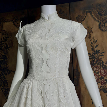 vintage 1940s wedding dress gown, Sheer White Organza with High Neck Full Skirt