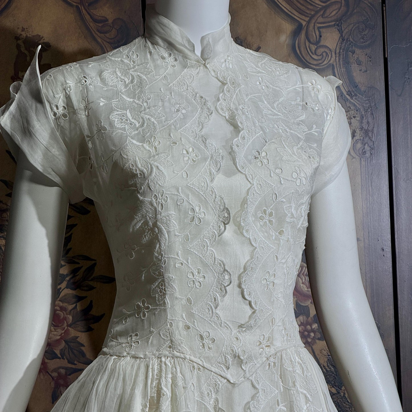 vintage 1940s wedding dress gown, Sheer White Organza with High Neck Full Skirt