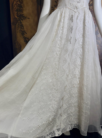 vintage 1940s wedding dress gown, Sheer White Organza with High Neck Full Skirt