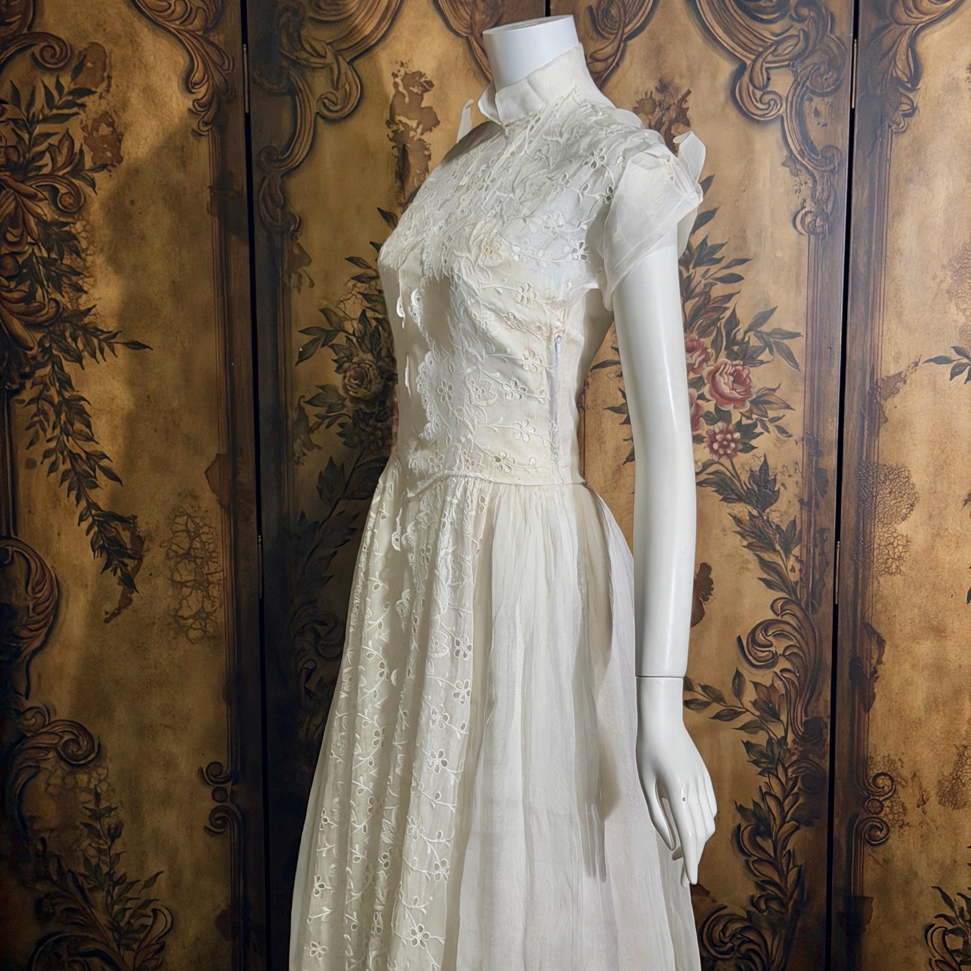 vintage 1940s wedding dress gown, Sheer White Organza with High Neck Full Skirt