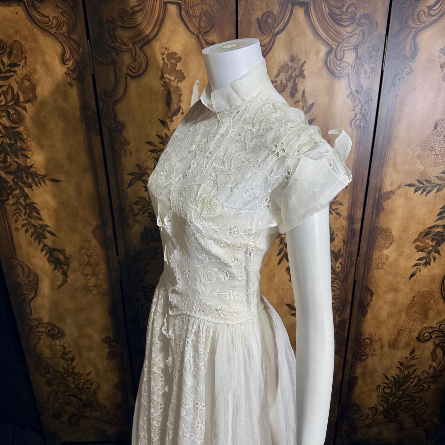 vintage 1940s wedding dress gown, Sheer White Organza with High Neck Full Skirt