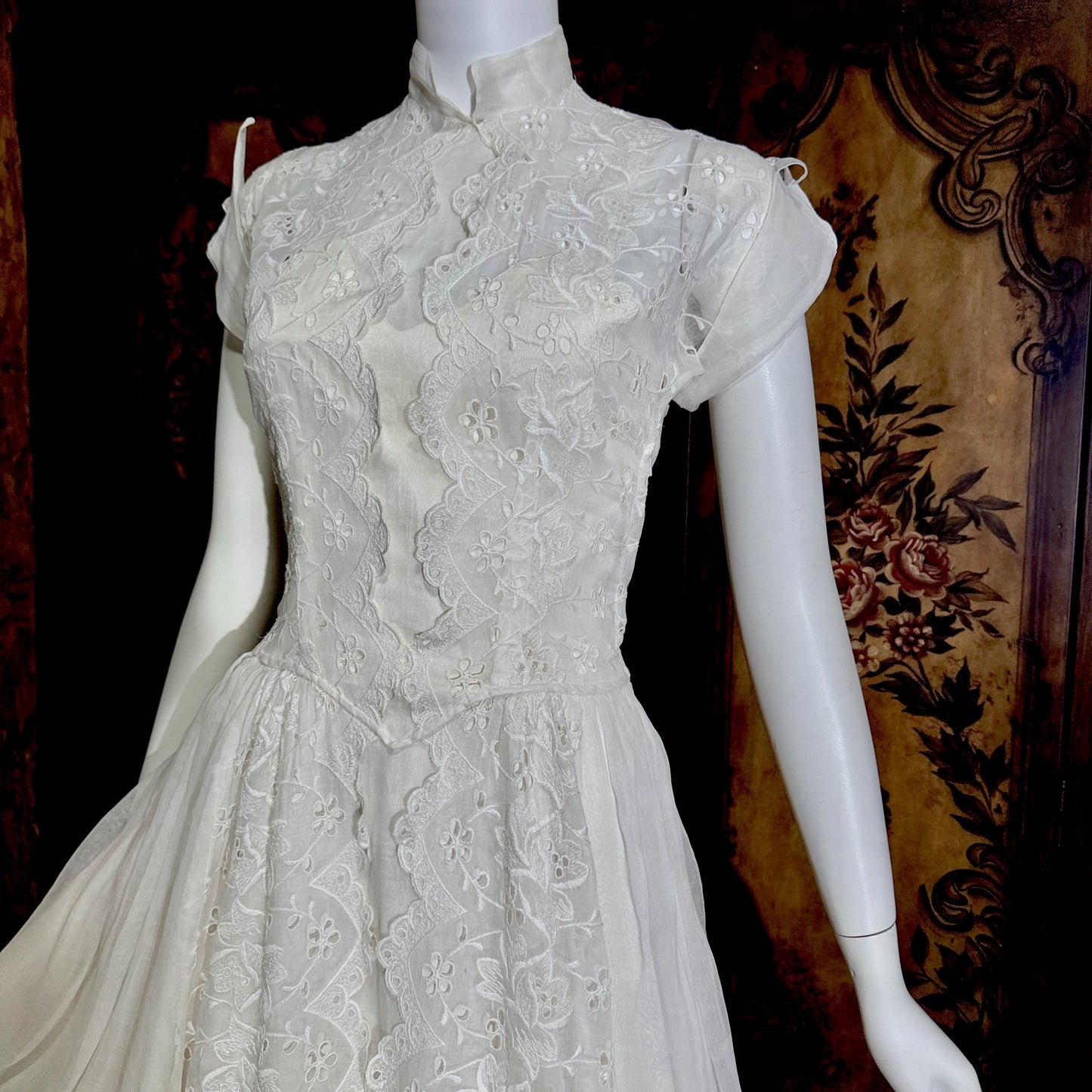 vintage 1940s wedding dress gown, Sheer White Organza with High Neck Full Skirt