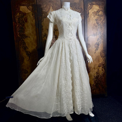 vintage 1940s wedding dress gown, Sheer White Organza with High Neck Full Skirt