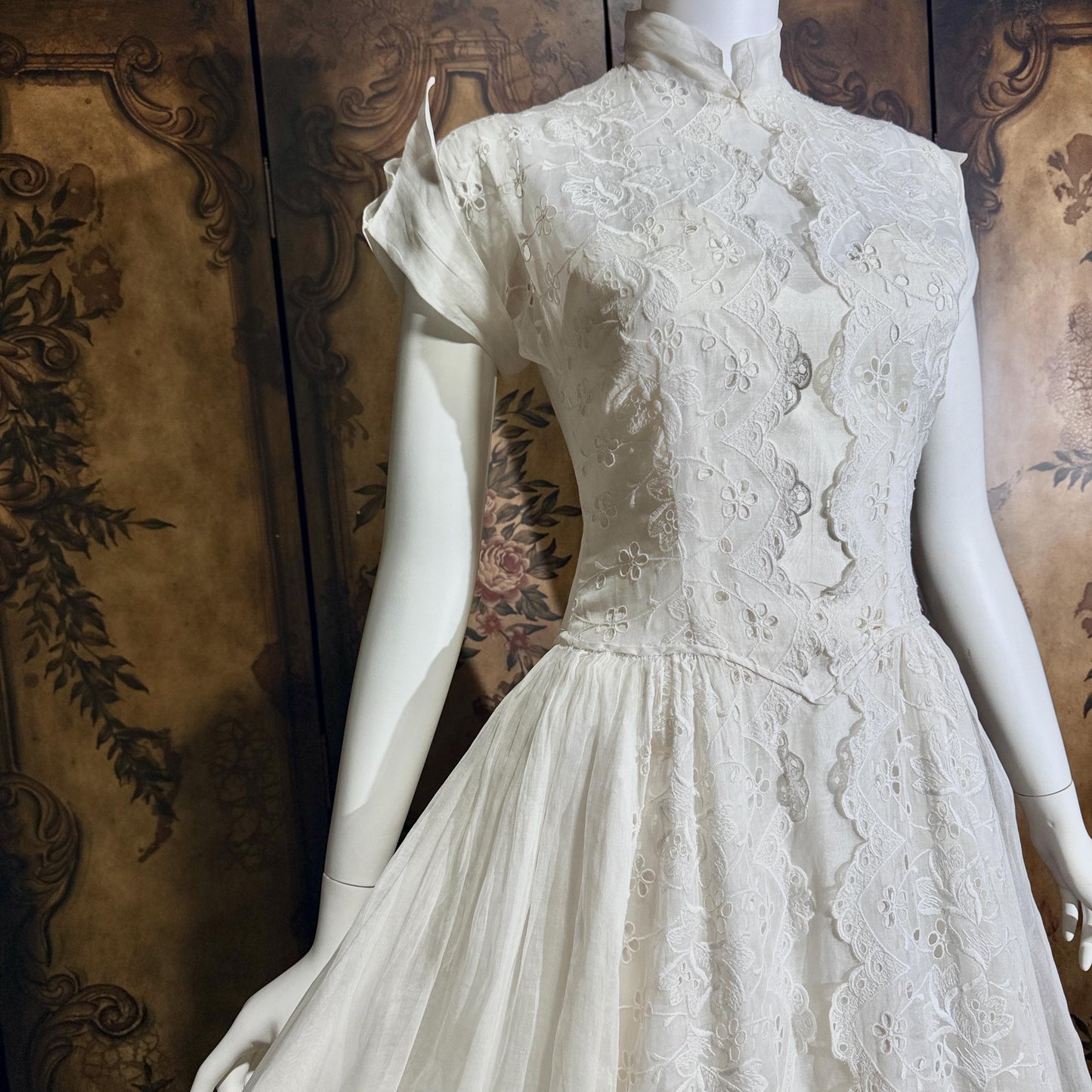 vintage 1940s wedding dress gown, Sheer White Organza with High Neck Full Skirt