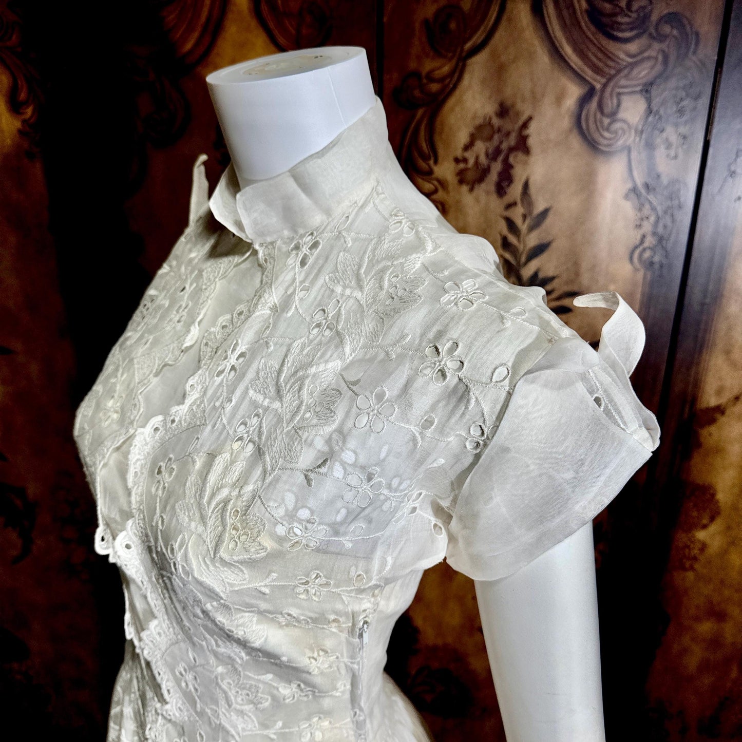 vintage 1940s wedding dress gown, Sheer White Organza with High Neck Full Skirt