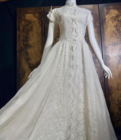 vintage 1940s wedding dress gown, Sheer White Organza with High Neck Full Skirt
