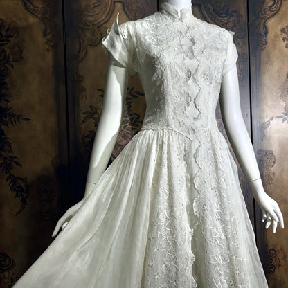 vintage 1940s wedding dress gown, Sheer White Organza with High Neck Full Skirt