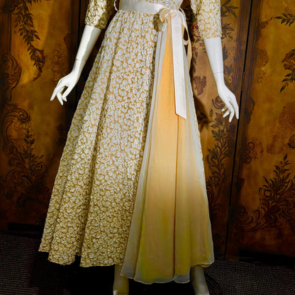 vintge 1940s dressing gown robe, EVELYN PEARSON Gold White full sweep wrap front housecoat hostess dress