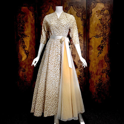 vintge 1940s dressing gown robe, EVELYN PEARSON Gold White full sweep wrap front housecoat hostess dress