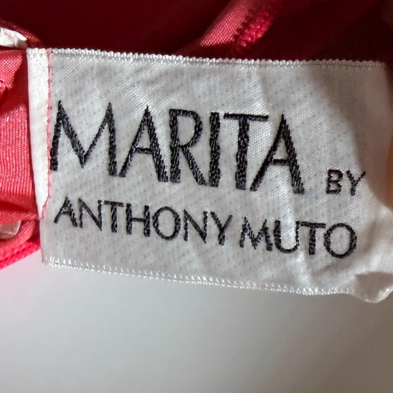 vintage 1970s evening dress, MARITA ANTHONY MUTO Saks Coral Goddess gown with shoulder drape