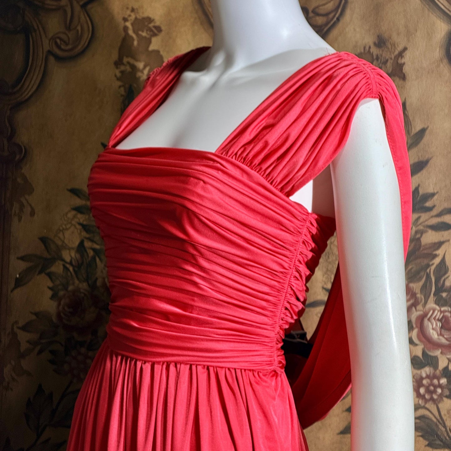 vintage 1970s evening dress, MARITA ANTHONY MUTO Saks Coral Goddess gown with shoulder drape