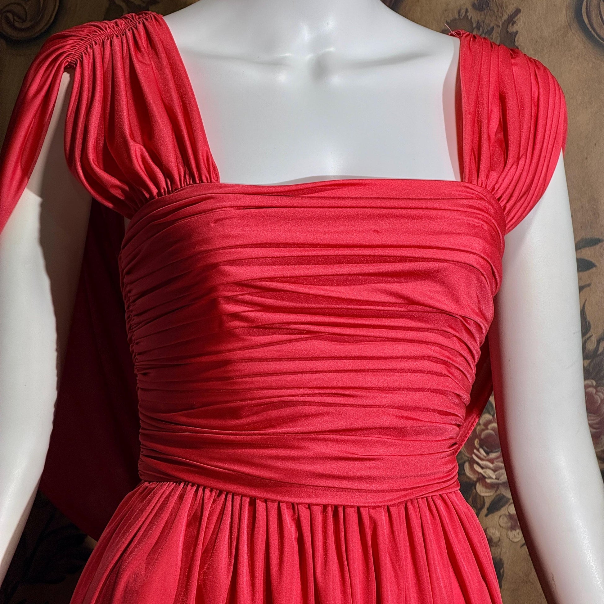 vintage 1970s evening dress, MARITA ANTHONY MUTO Saks Coral Goddess gown with shoulder drape