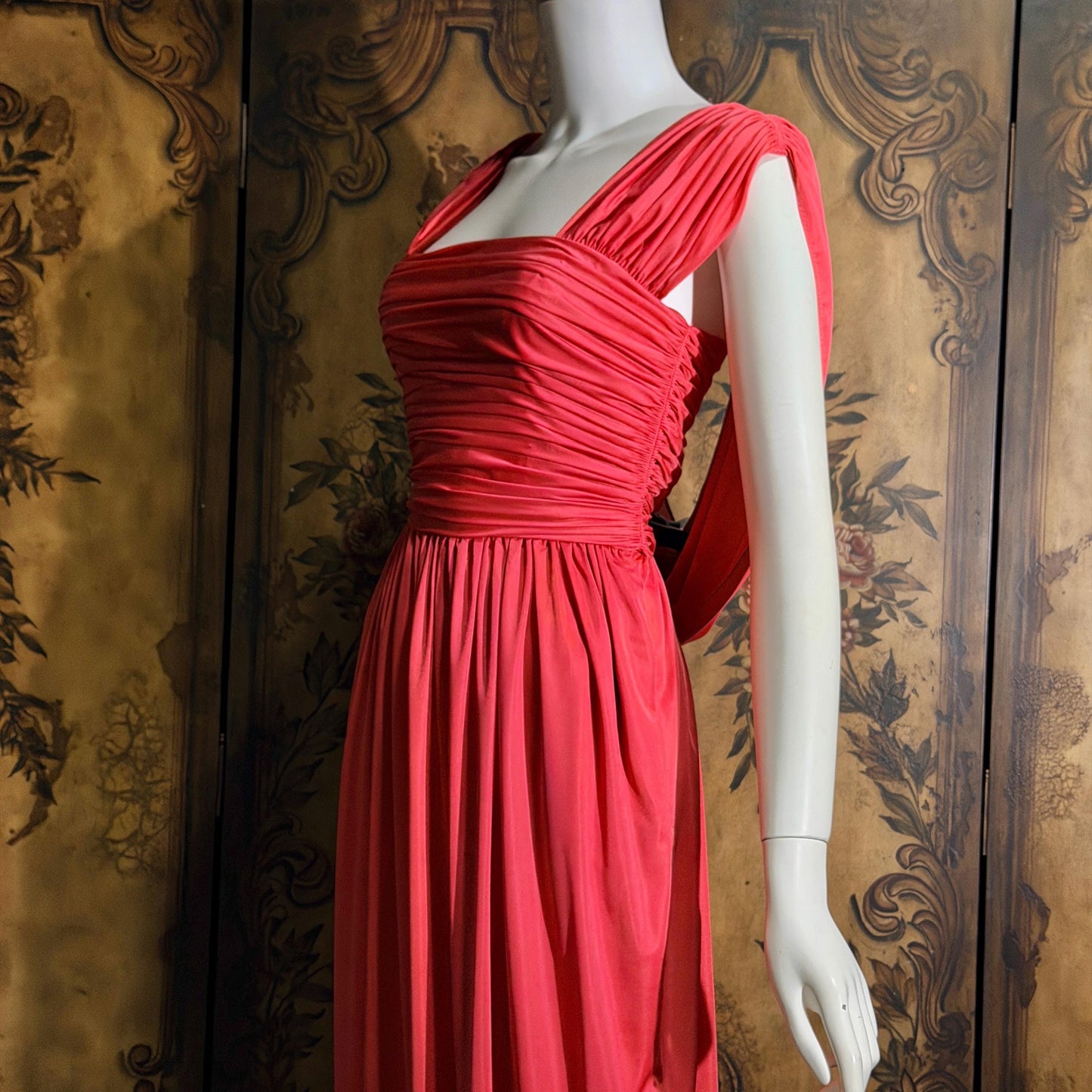 vintage 1970s evening dress, MARITA ANTHONY MUTO Saks Coral Goddess gown with shoulder drape