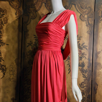 vintage 1970s evening dress, MARITA ANTHONY MUTO Saks Coral Goddess gown with shoulder drape