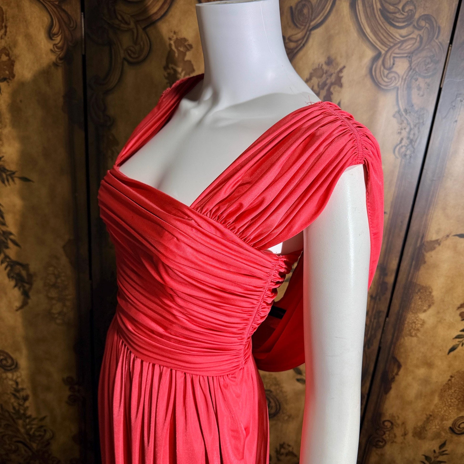 vintage 1970s evening dress, MARITA ANTHONY MUTO Saks Coral Goddess gown with shoulder drape